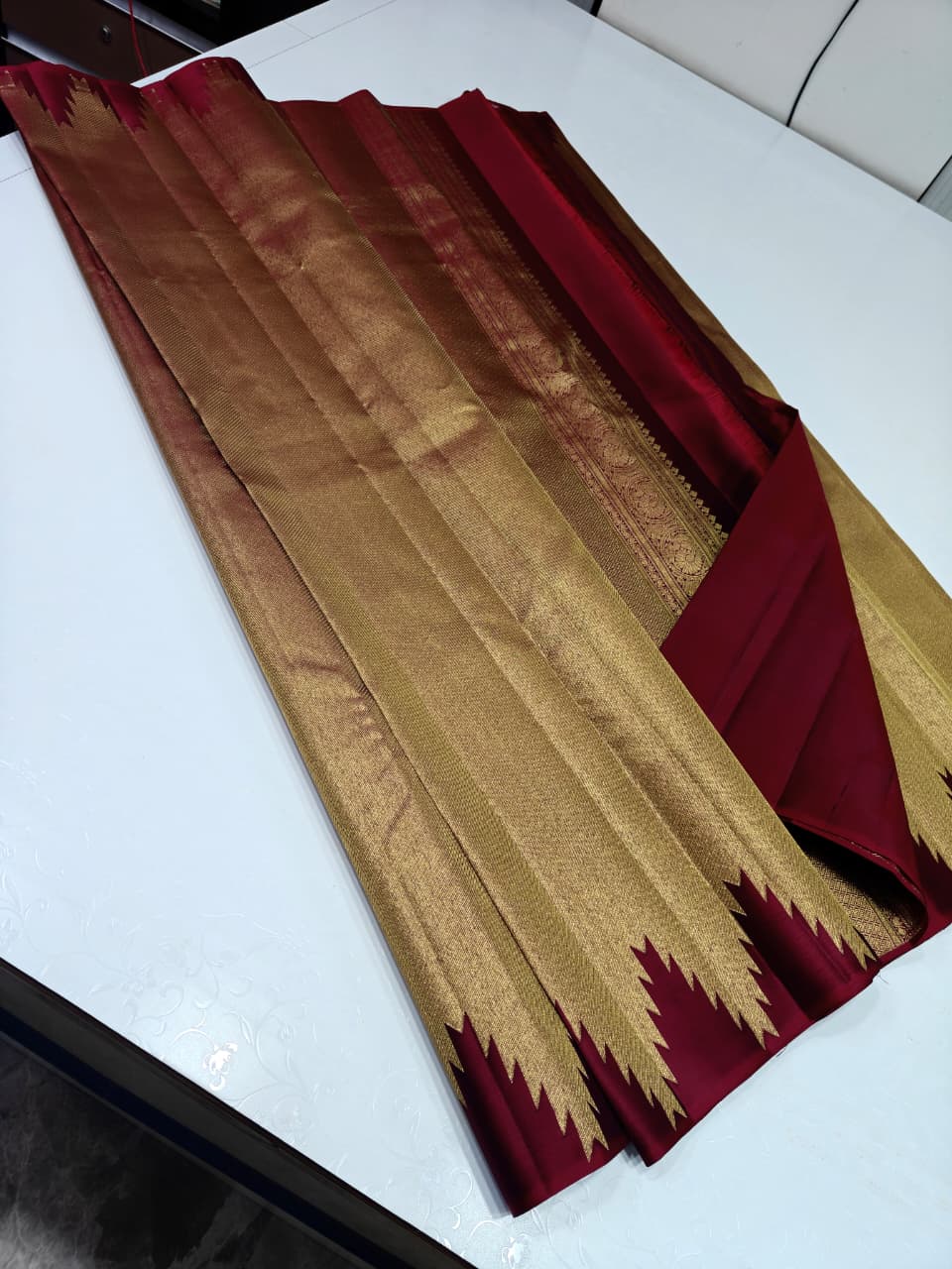 Dull Gold with contrasting Wine Red Silk Saree
